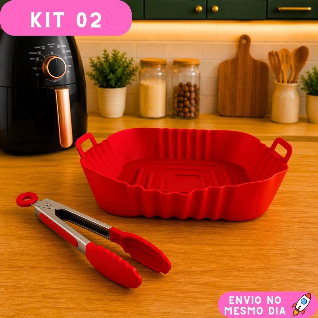 Kit 2 Peças Forma Quadrada Silicone Air Fryer 21cm + Pegador Antiaderente Reutilizável para Cozinha