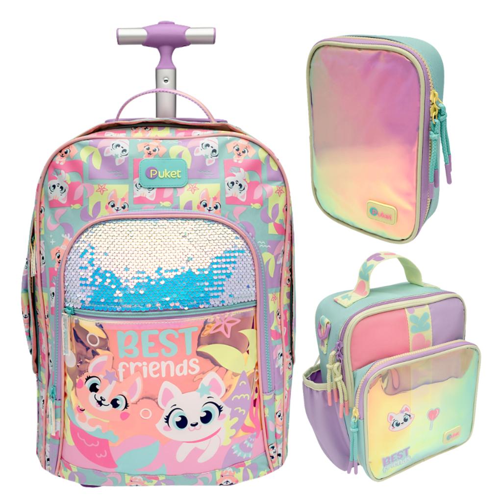 Kit Escolar Mochila Pets Estojo e Lancheira Color Block Puket