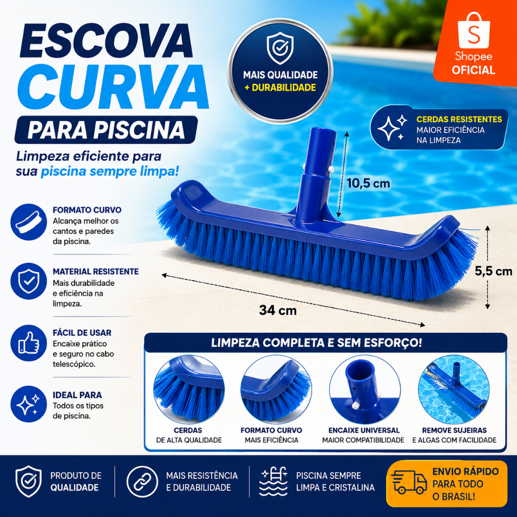 Escova Curva Para Piscina 34cm Limpeza Fundo E Parede