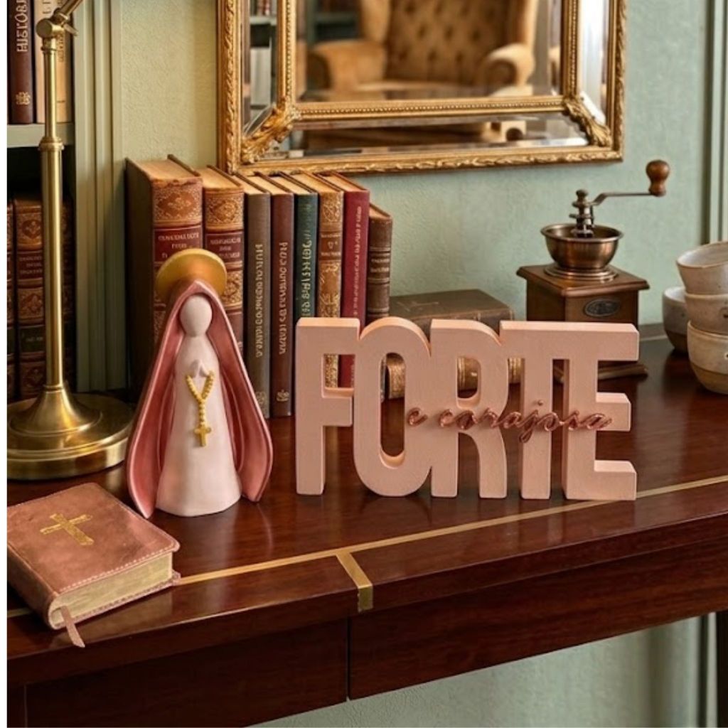 Presente Católico Kit Decorativo Religioso Nossa Senhora + Letreiro Forte e Corajosa Luxo