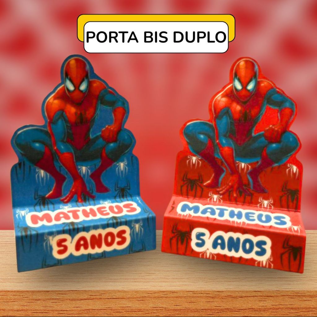 24 Porta Bis Duplo Personalizado Homem Aranha Azul Vermelho –Lembrancinha Festa Infantil, Aniversário, Decoração Menino