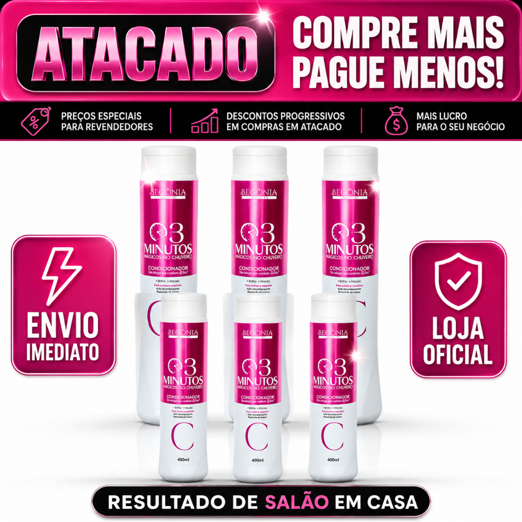 6 Unidades Shampoo 400ml, 6 Unidades Condicionador 400ml 3 Minutos Mágicos Chuveiro Begônia Cosméticos