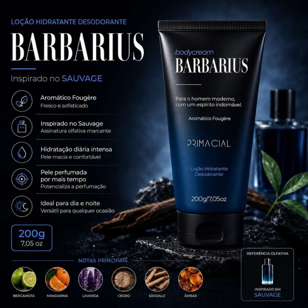 KIT BODY SPLASH BARBARIUS + HIDRATANTE DESODORANTE MASCULINO 200G - PRIMACIAL PERFUME AMADEIRADO · foto 2
