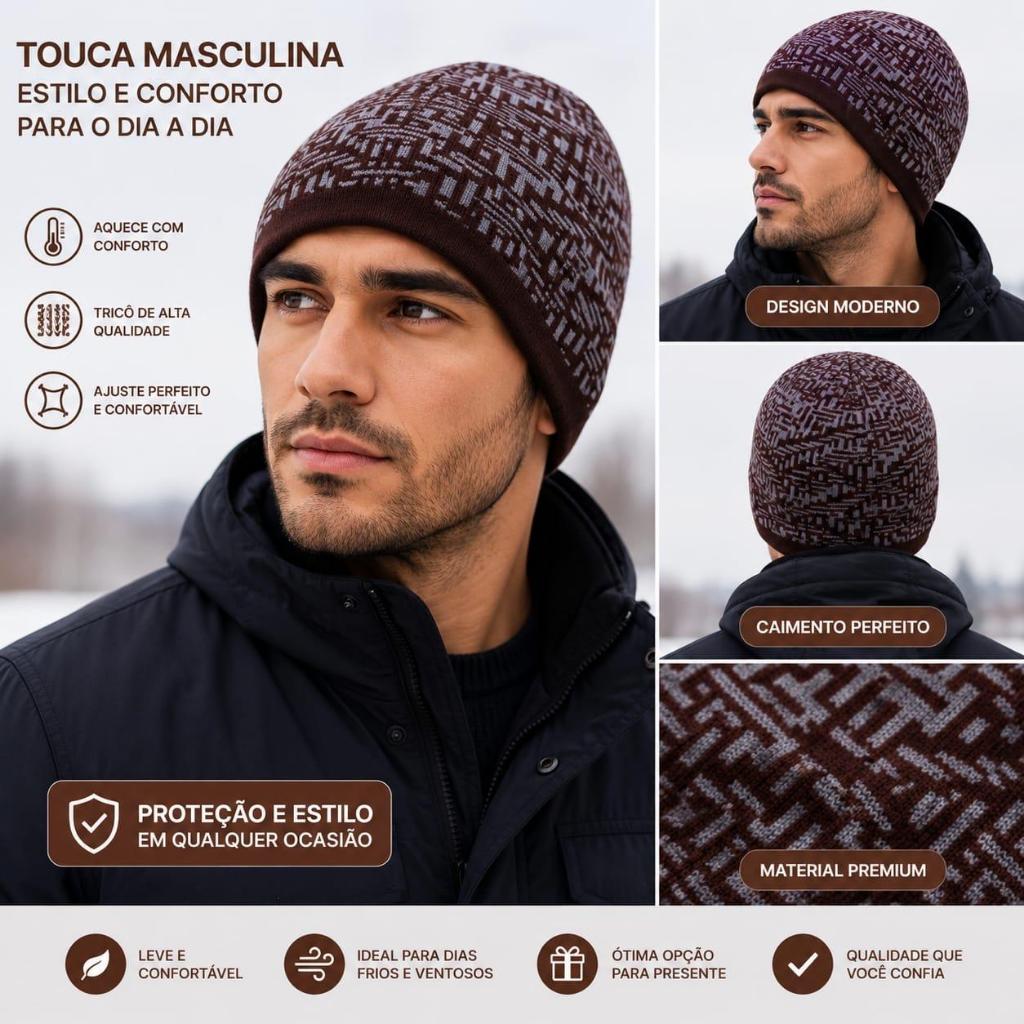 Touca Masculina Gorro De Lã Forrada Com Pelinhos Inverno