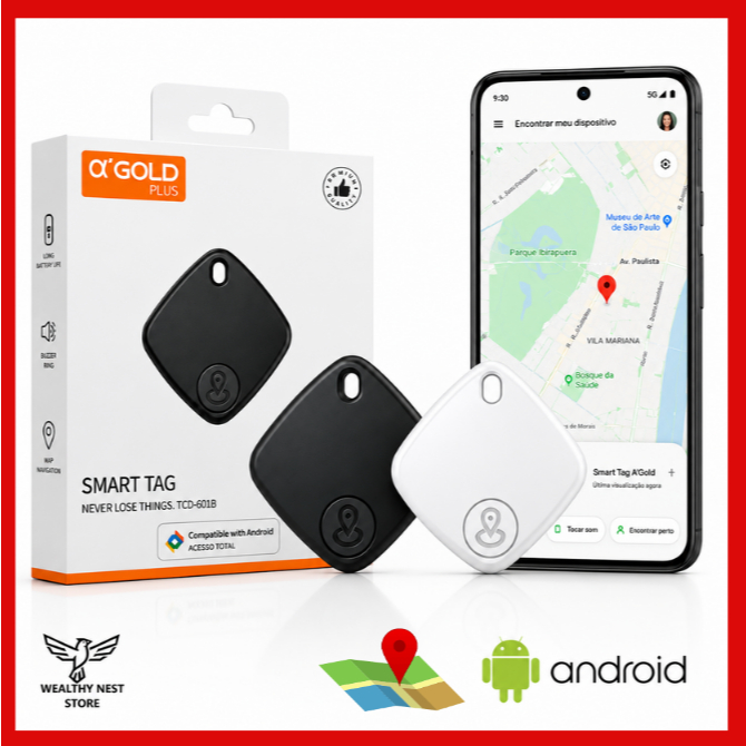 Mini Rastreador Para Dispositivos Android GPS Com Google Find Hub Marca A'Gold Smart Tag - Bolsa, celular