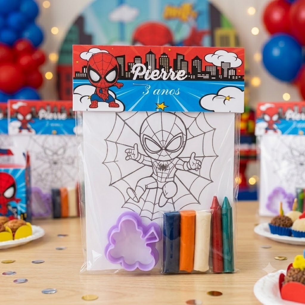 Lembrancinha Homem Aranha Personalizada Kit Colorir com giz de cera e massinha Festa Infantil Lembrancinha