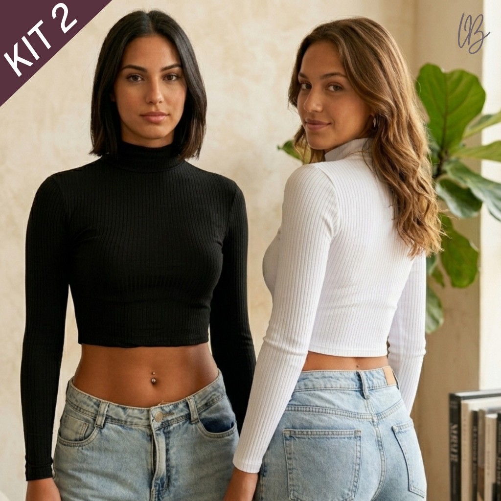 Kit 2 Croppeds Gola Alta Feminino Canelado Manga Longa Confortável Look Versátil