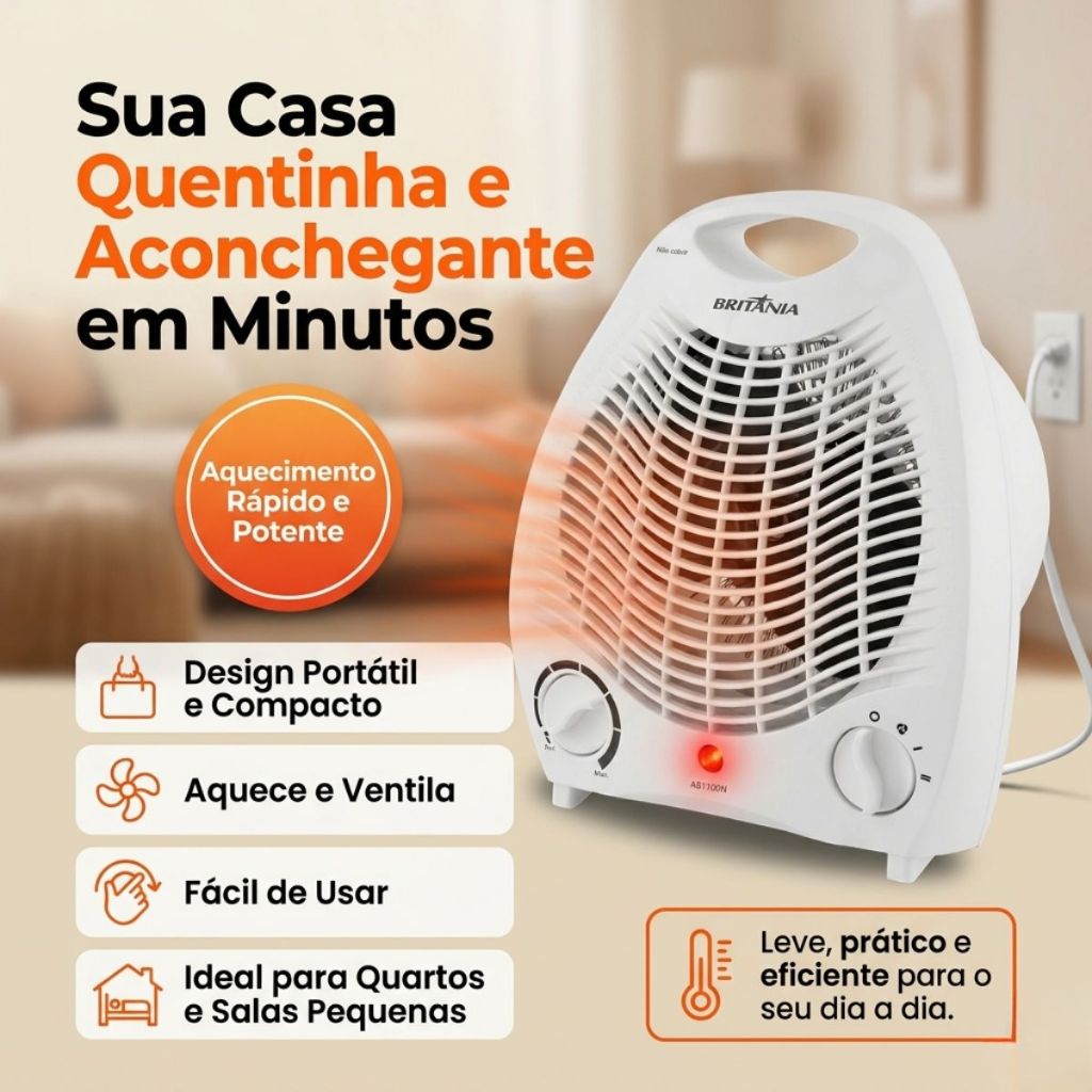 Aquecedor Elétrico Portátil Britânia Termoventilador 1500W 2000W 3 Níveis Potência Ideal Quarto Sala