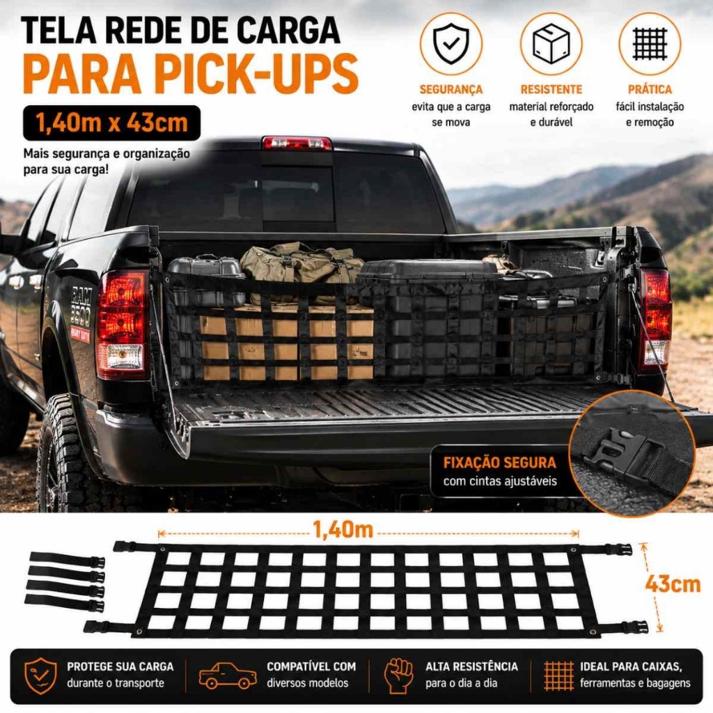 Rede De Carga Para Caçamba Pick-Up 1,40x43 Organizador Caminhonete RAM Hilux Ranger Amarok