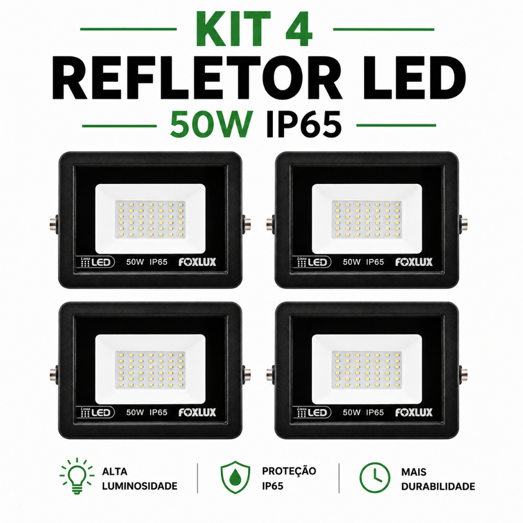 Kit 4 Refletor LED Branca Refletor LED 50w Foxlux LED Resistente à Chuva Holofote LED Spot Luz Forte