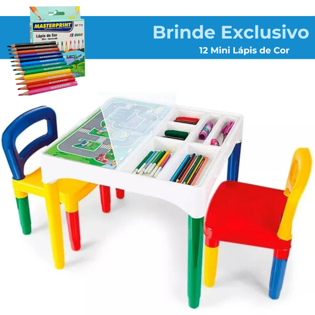 Mesinha Mesa Infantil Didática Poliplac com 2 Cadeiras - Brinde Caixa Míni Lápis de Cor