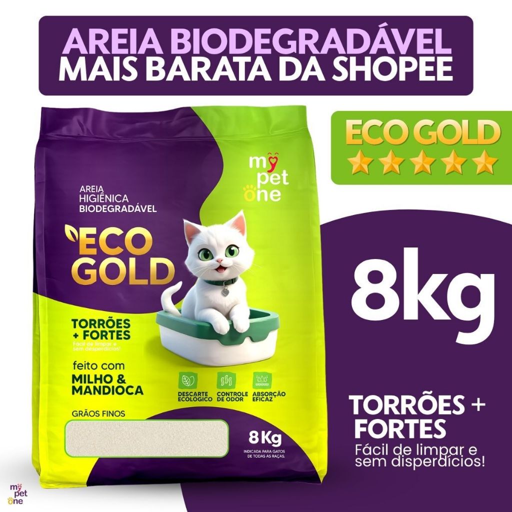 Areia Biodegradável Eco Gold Fina MyPetOne - 8Kg a 24Kg