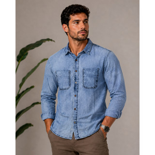 Camisa Jeans Masculina Manga Longa Casual Básica