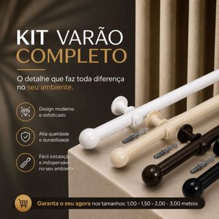 Kit Varão de Cortina Completo Com Suportes de 1,00mt a 3,00mt Disponível Várias Cores