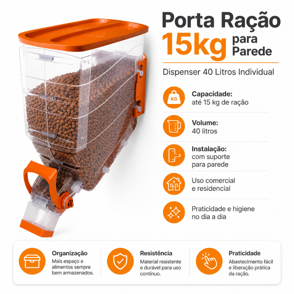 Galão Armazenador de Ração Grãos Cereais Cães Cachorro Petshop Bancada 40L - 16KG a 24KG