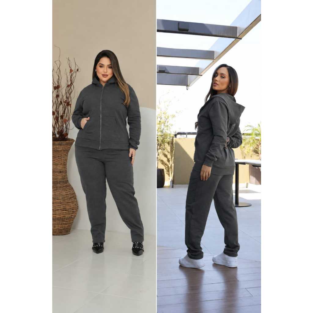 conjunto moleton franelado com ziper, capuz e bolsos funcionais