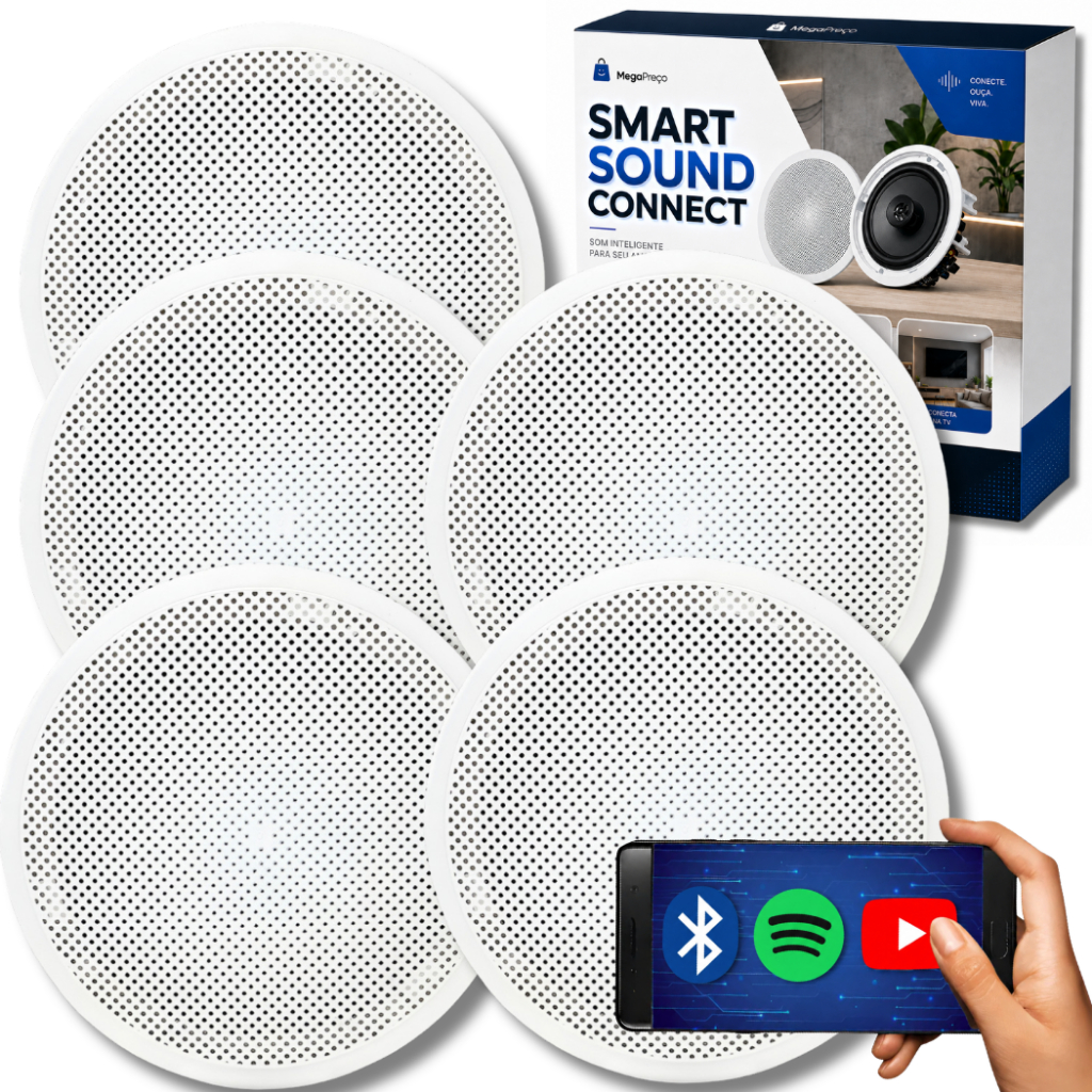 Kit Som Ambiente Arandela Acustica Alto Falante Auto Potente Embutir Teto Gesso Parede Ativa Bluetooth + 4 Passivas