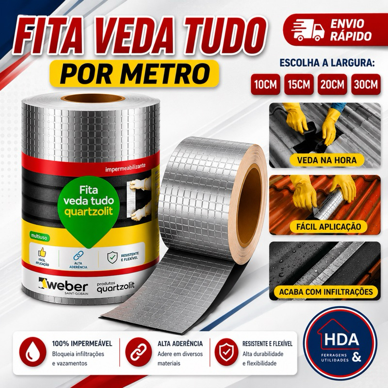 Fita Veda Tudo Alumínio Impermeável Vedação Telhado Calha Trinca Vazamento Auto Adesiva - QUARTZOLIT