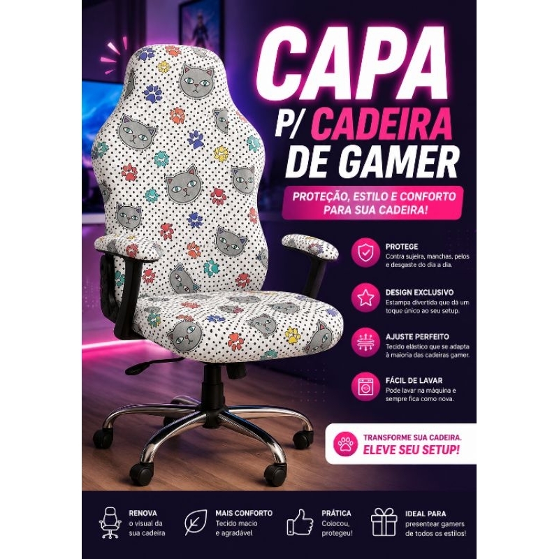 Capa removivel p/ cadeira de gamer/escritório lisa e estampas exclusivas macia, 