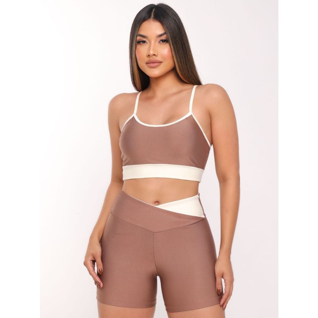 Conjunto de Academia Top Cropped e Short Curto Com Cós V Feminino Fitness Para Treino