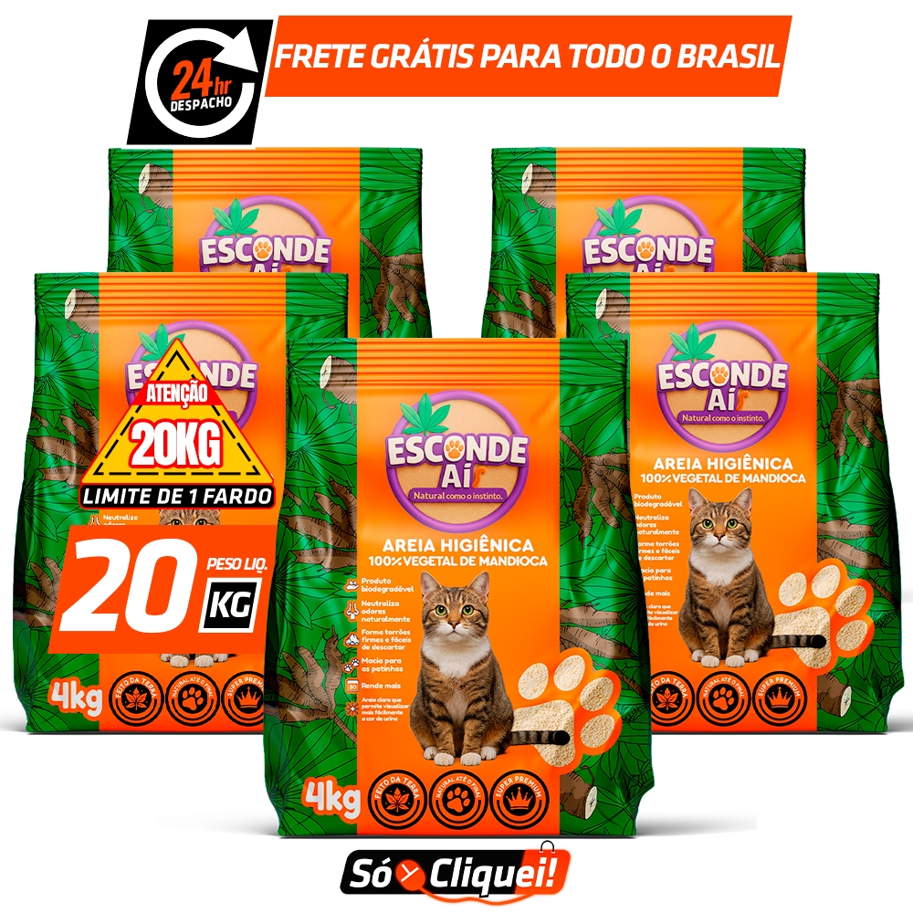 Kit 5 Areia de Mandioca Esconde Aí Granulado Sanitário 100% Biodegrável de Gato Forma Torrões Alta Absorção 4 a 20KG