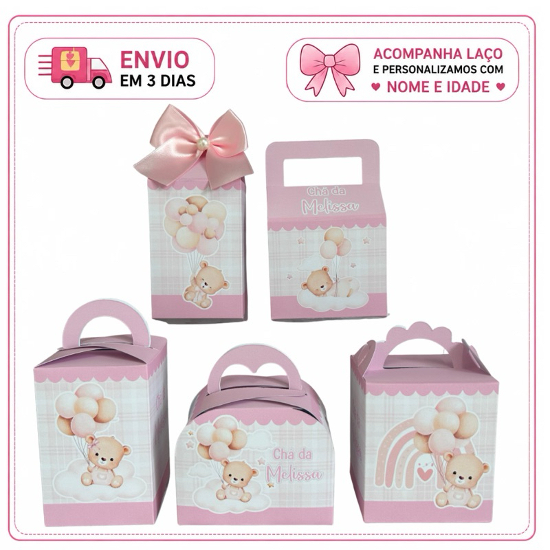 kit PEGUE E MONTE  URSA ROSA CHÁ DE BEBE Lembrancinhas Personalizadas  Festa Caixas CHÁ REVELAÇÃO