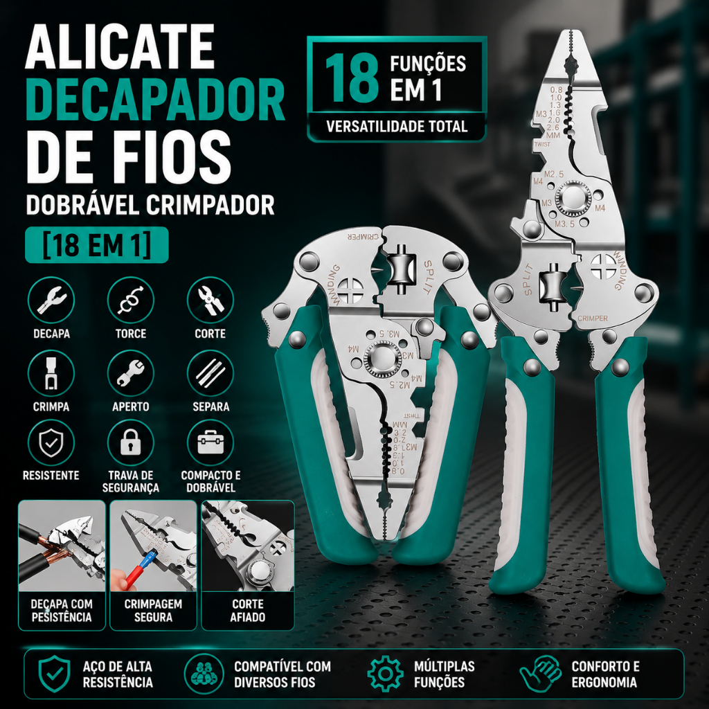 Alicate Decapador De Fios Multifuncional Em Aço Inoxidável 18 Em 1 Profissional