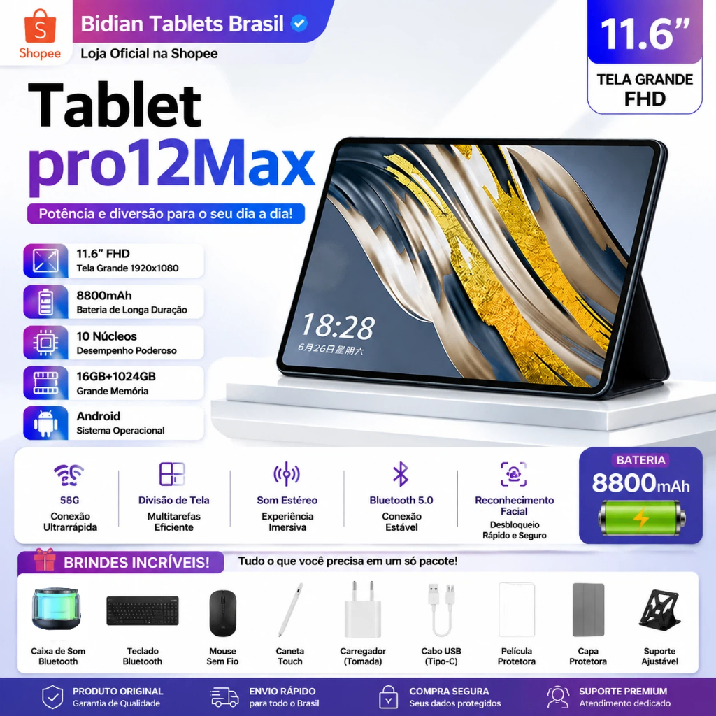 Combo with Keyboard and Mouse Tablet Pro12 Max 11.6" Screen 16GB RAM 1024GB WiFi Bluetooth with Android 15