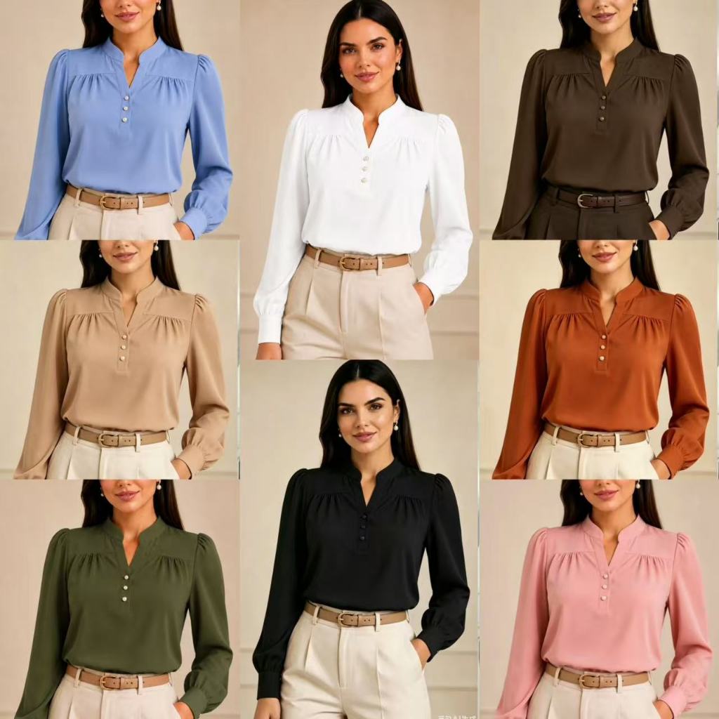 Blusa Feminina Clássica  Gola V com Botões Manga longa