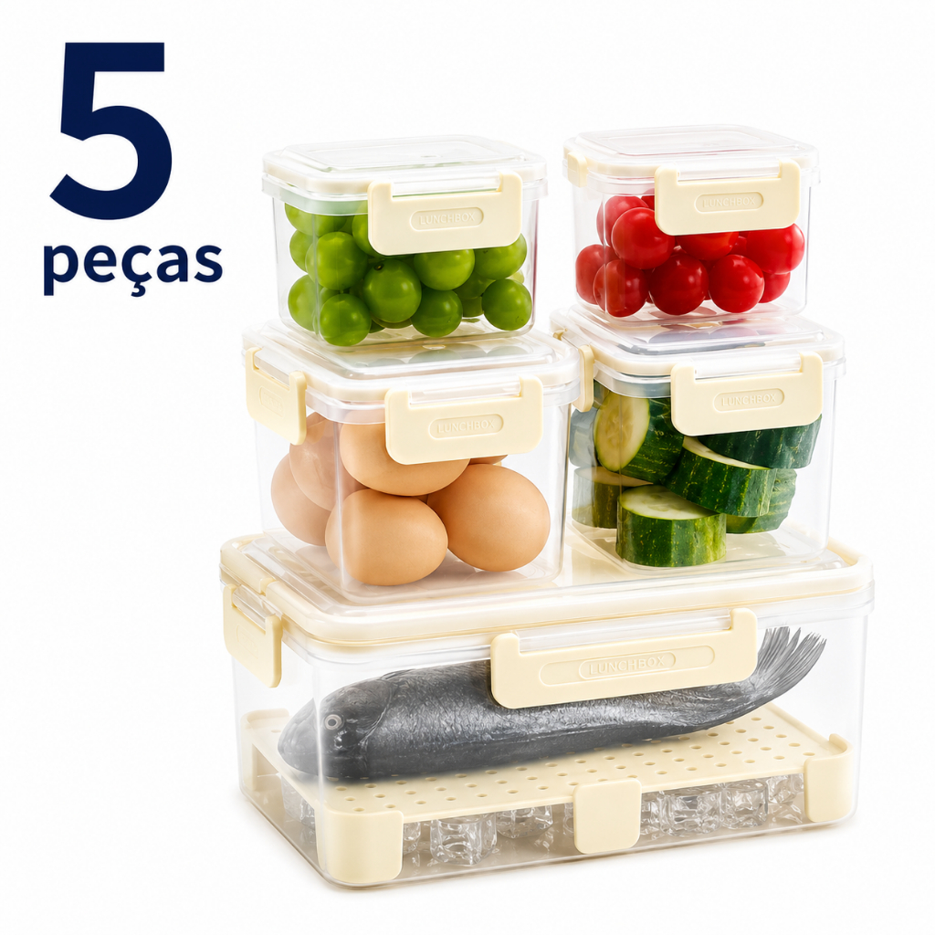 Kit Conjunto 5 Potes Hermético de Plástico C/ Cesto Escorredor de Alimentos Cozinha Alimentos frutas