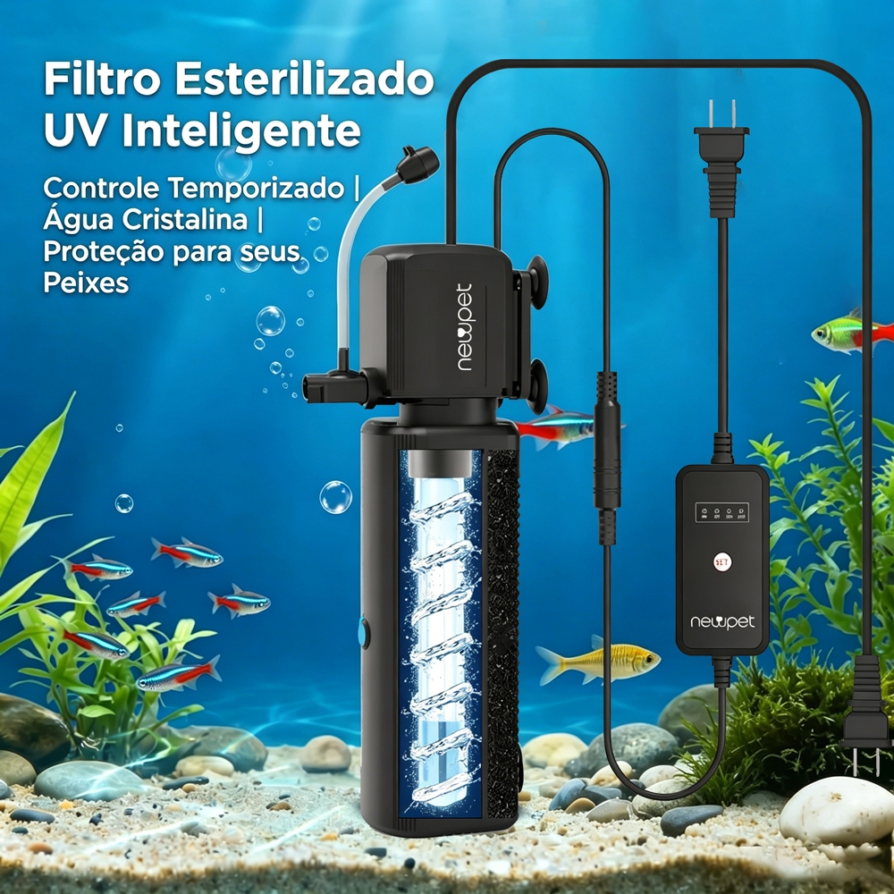 NewPet Filtro UV NewPet com Timer Programável, Elimina Água Verde, com Aeração e Esponja, para Aquários Doce e Salgado