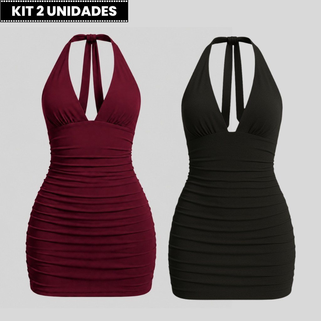 Kit 2 Vestidos Feminino Curto Frente Única | Costas Nua com Amarração