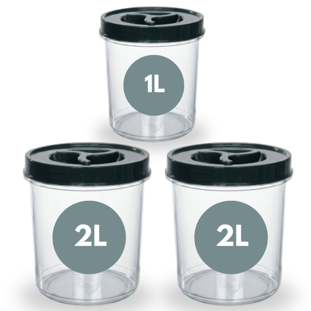 Kit 3 Pote Mantimento Tampa Rosca 2 de 2L + 1 de 1L Redondo Transparente Café Açúcar Cereal BPA FREE