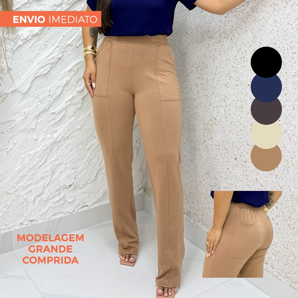Calça Feminina Reta Malha Moletinho Premium Cintura Alta com Bolso
