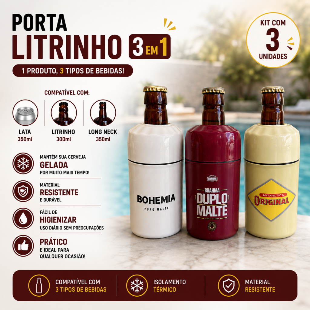 3 Porta Litrinho 300ml Suporte Cerveja Romarinho Lata 350ml e Long Neck