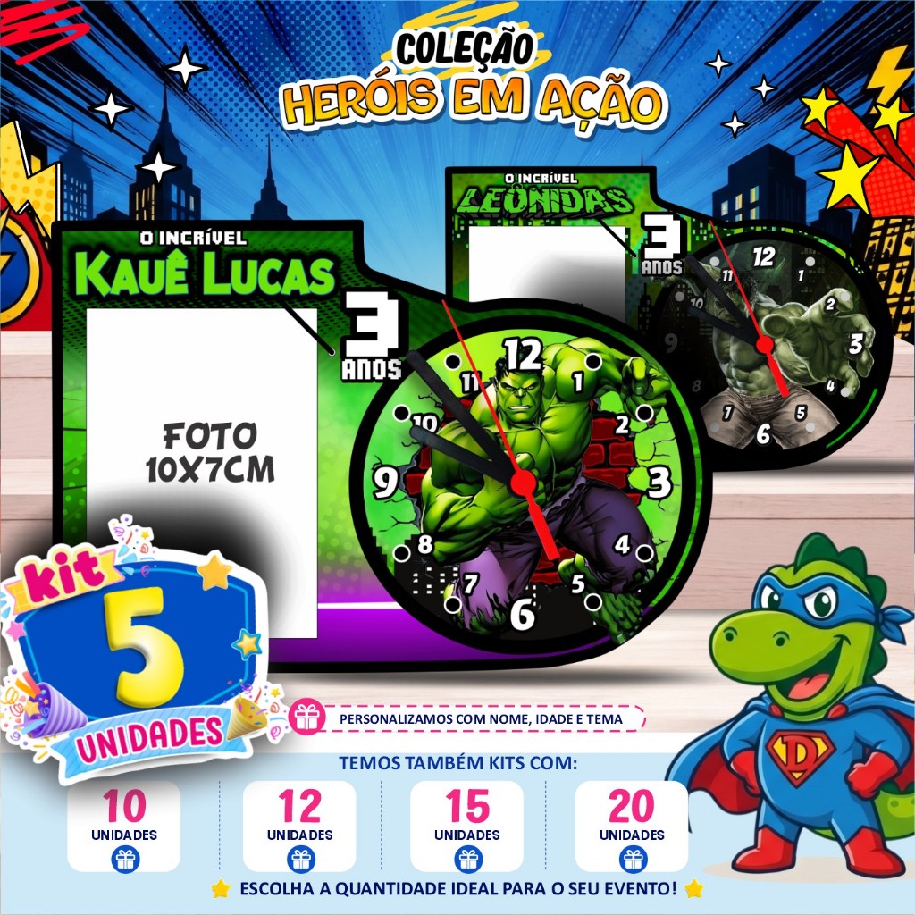 Relógio com Porta Retrato Personalizado - Hulk... - Lembrancinha Centro de Mesa