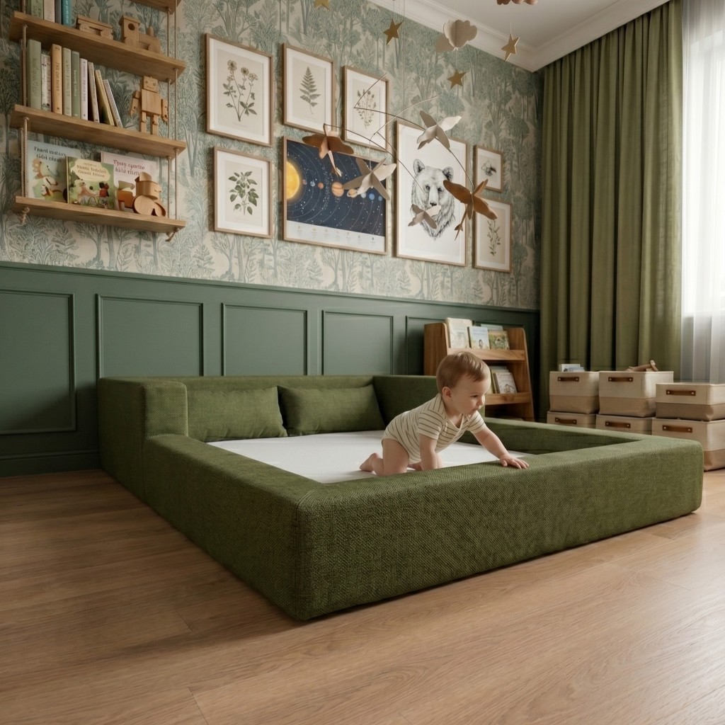 Cama Montessoriana Casal Aconchego 100% Espuma Verde Militar Keiko