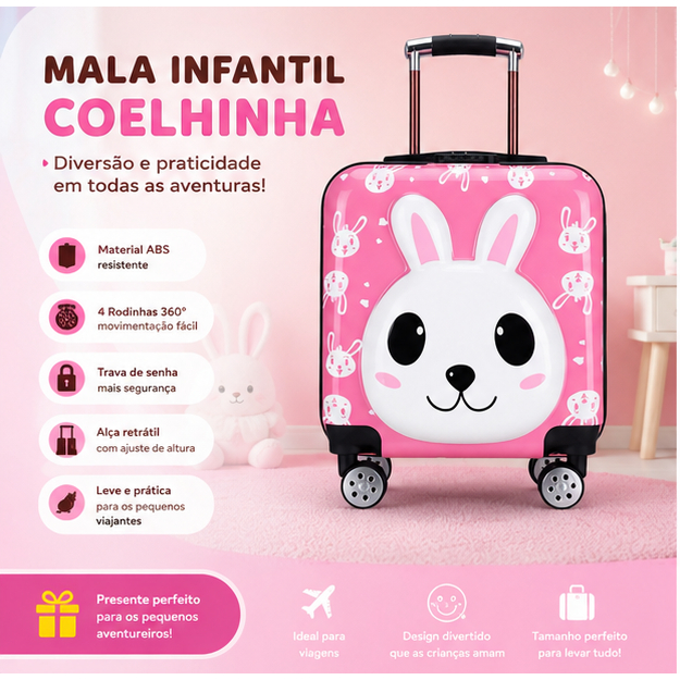 Mala Infantil Coelhinha ABS Rígida Com Rodinhas 360° Viagem