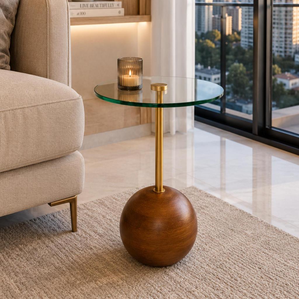 Mesa Lateral Moderna Premium Vidro e Madeira Maciça