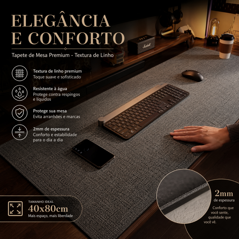 Tapete de Mesa Premium Textura Linho 40x80cm, Mousepad Grande Resistente à Água para Escritório e Gamer