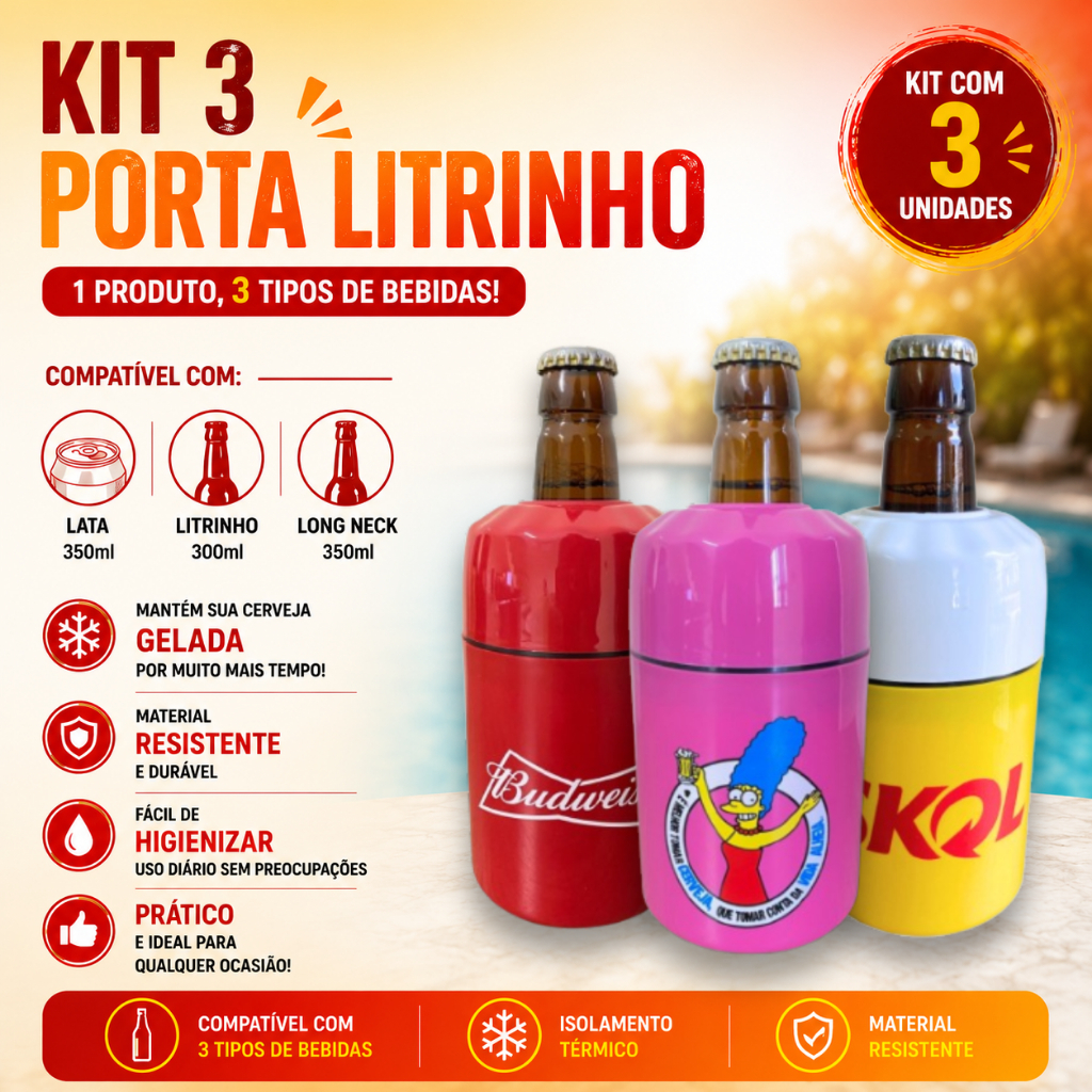 3 Porta Lata 3x1 Garrafa Suporte Térmico Cerveja Long Neck Litrinho  300ml Personalização