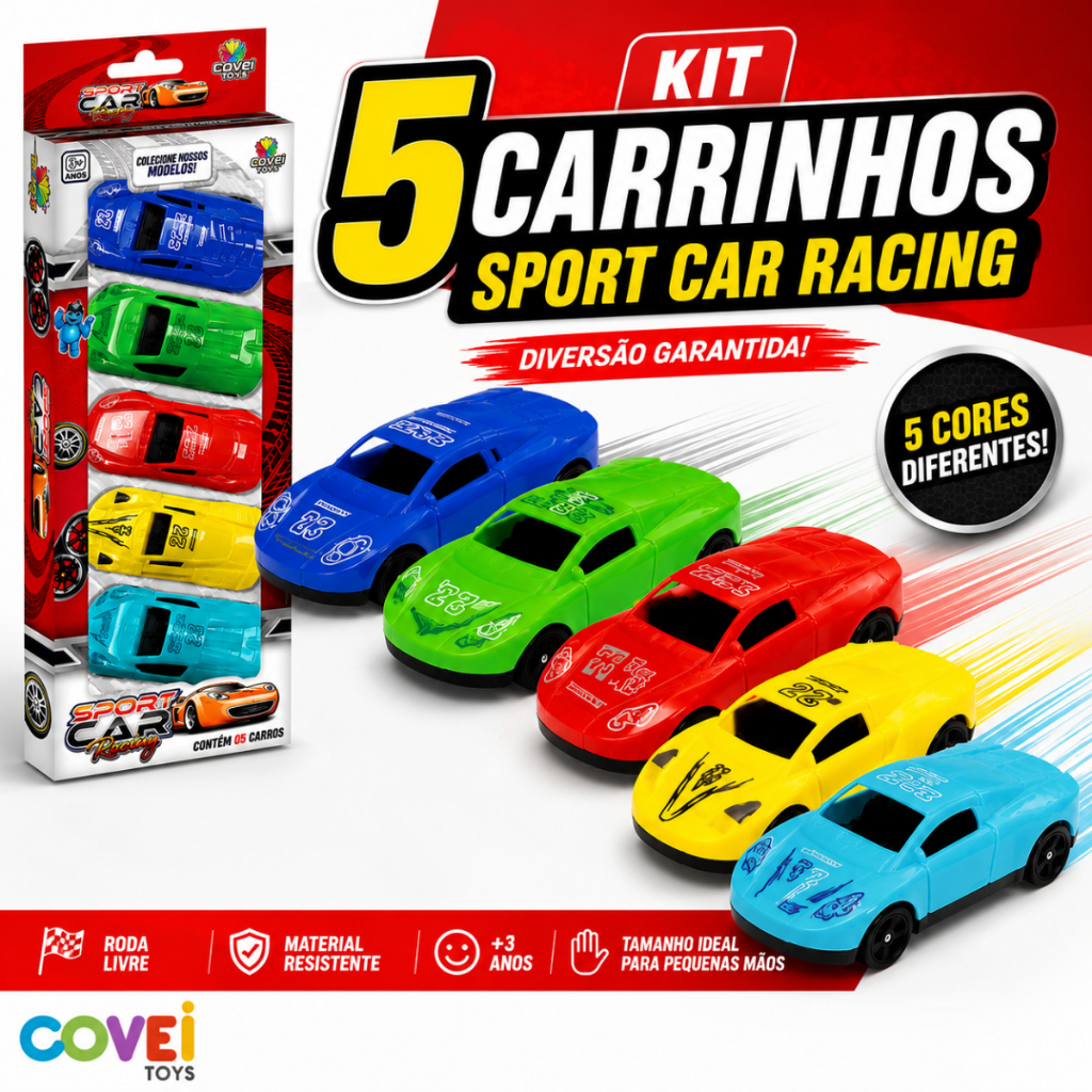 Kit 5 Carrinhos De Corrida Sport Car Racing Coloridos Roda Livre Infantil 9cm Crianças +3