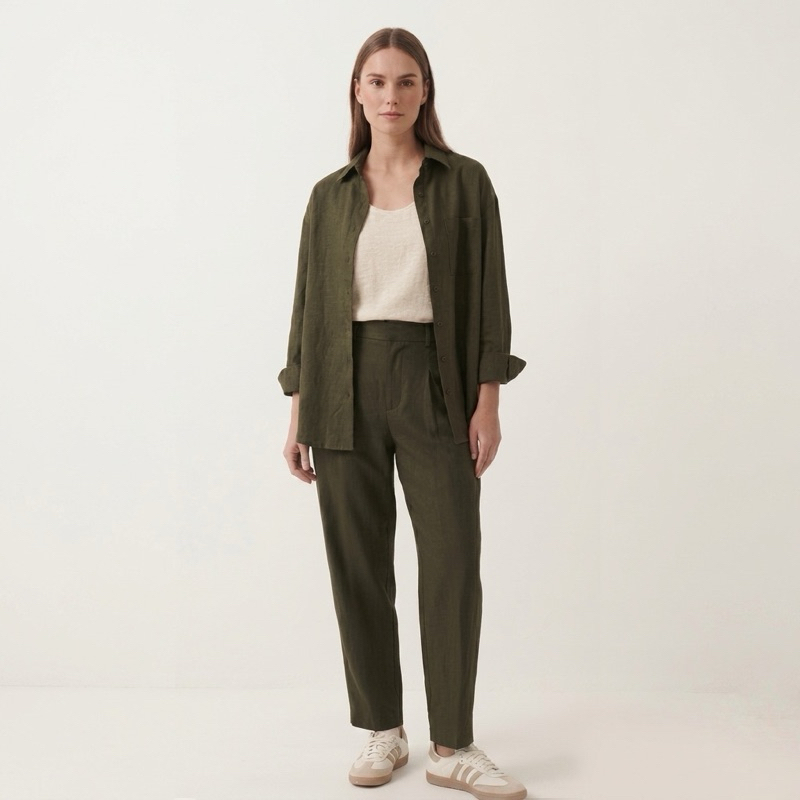 Conjunto Feminino Linho Camisa Oversized E Calça Alfaiataria Pregas Elegante Casual Chic