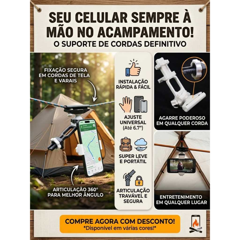 CampHold Mobile – Suporte de Celular para Corda de Acampamento, Suporte Suspenso para Celular, Camping, Exclusivo