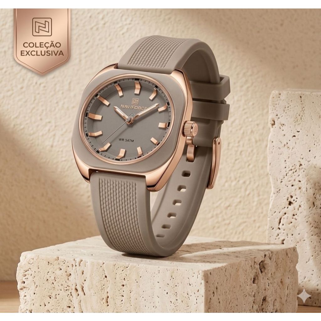Relógio Feminino Naviforce Original Elegante Quadrado Silicone Bege NF5061
