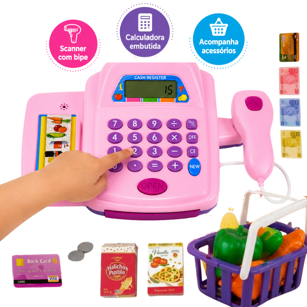 Caixa Registradora Infantil Mercadinho Brinquedo de Menina Scanner Calculadora