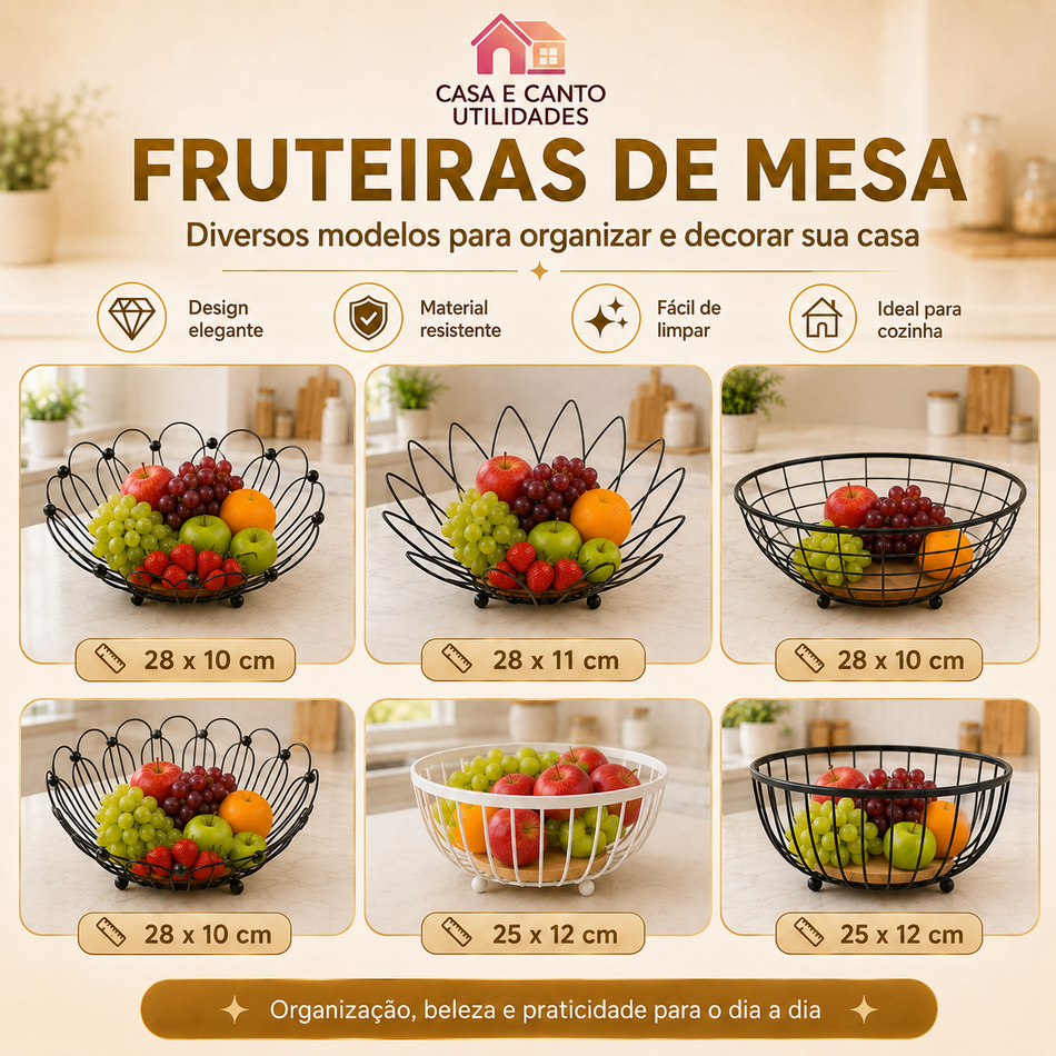 Fruteira de Mesa Rustica de Ferro e Bambu para Café da Manhã Multiuso de Metal Preto para Mesa