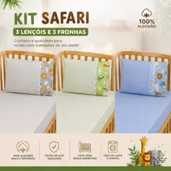 KIT 3 JOGOS DE LENÇOL PARA BERÇO AMERICANO 100% ALGODÃO SAFARI MENINO