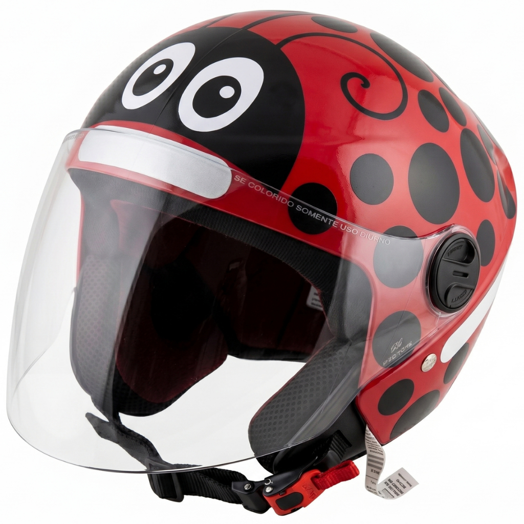 Capacete Liberty New3 Personalizado Joaninha Adulto Vermelho/Preto Viseira Cristal Leve Confortável