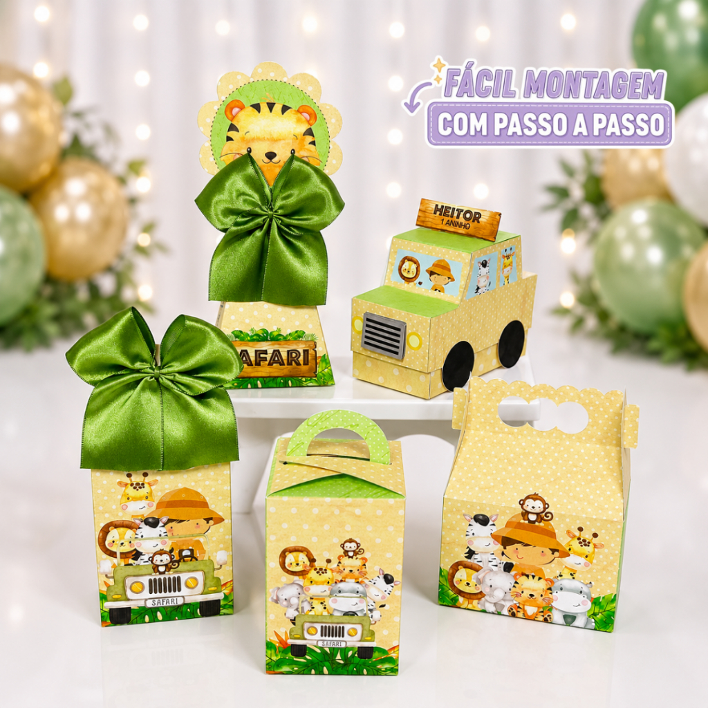 Kit Festa Safari Verde com Carrinho Pegue e Monte Personalizado | Caixa Milk, Pirâmide | Lembrancinhas Festa Infantil 💜